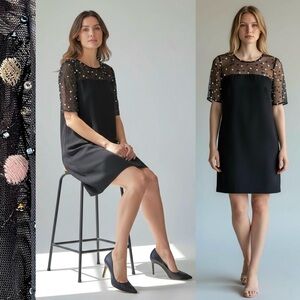 NINA LEONARD Sheath Sheer Mesh Yoke Beaded Multicolor Black Dress Elbow Sleeve